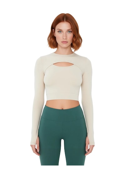Ersefa Moda Bisiklet Yaka Örme Fit Düz Desen Sportswear Crop Uzun Kol Bl Taş