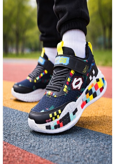 Muggo Block Renkli Blok Tabanlı Cırtlı Ve Bağcıklı Çocuk Sneaker Spor Ayakkabı Siyah
