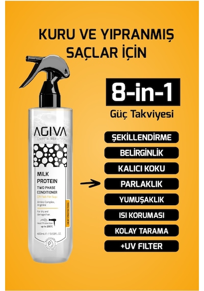 Milk Protein Kuru Ve Yıpranmış Saçlar İçin Isı Koruyuculu Çift Fazlı Fön Suyu