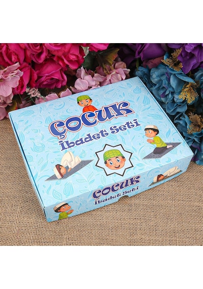 Çocuk Seccadesi Ve Eğitici Kitabı Namaz Seti - Mavi 45x82 Cm - 110 Gr - Tesbih Çok Renkli