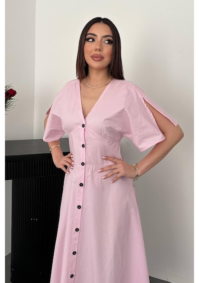 Duygudan Pembe Düğmeli Midi Boy Poplin Elbise - Pembe Çok Renkli