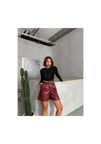 Verymoda Kemerli Deri Şort F1497 Bordo