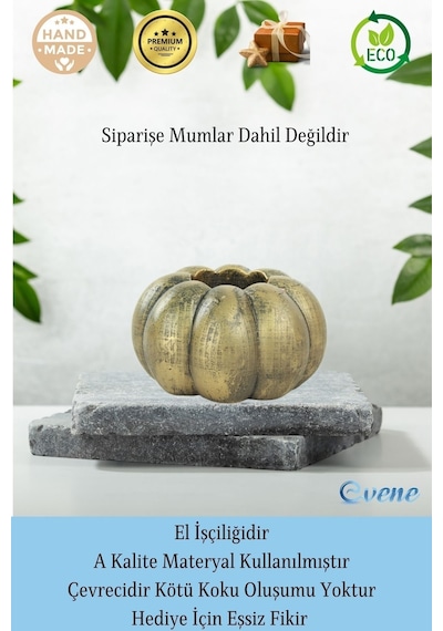 Eskitme Mumluk Şamdan 3 Adet Tealight Ve İnce Mum Uyumlu Kabak Model - Altın Eskitme