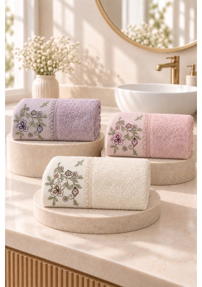 Bahar Dalı Çiçek Nakışlı El Yüz Havlusu 50x90 Cm 3 Lü Set %100 Pamuk - Lavender Cream Çok Renkli