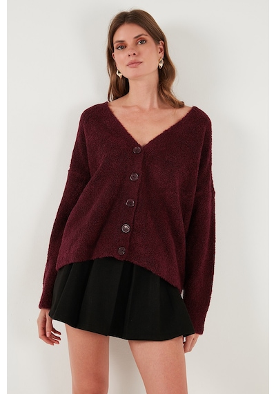 Lela Oversize Fit Düğmeli V Yaka Uzun Kollu Triko Bayan Hırka 4616232 Bordo
