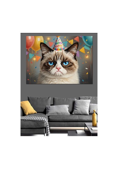 Doğum Günü Şapkalı Huysuz Kedi Yağlı Boya Dokulu Kanvas Tablo Canvas Tablosu