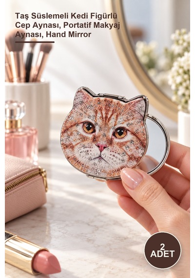 2 Adet Taşlı Kedi El Aynası Taş Süslemeli Kedi Figürlü Cep Aynası, Portatif Makyaj Aynası, Hand Mirror Diğer