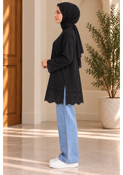 Aymiraa Kadın Dantel Detaylı Uzun Tunik Tesettür Sweatshirt Bisiklet Yaka Rahat Kesim SiYAH