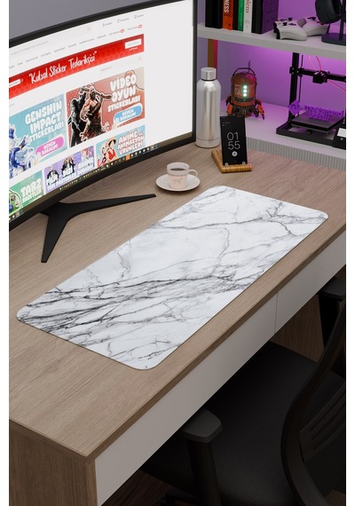 Beyaz Mermer Kaymaz Dikişli Kauçuk Oyuncu Mousepad V3 - 70x30 Xl Gaming Mouse Pad Fare Altlığı