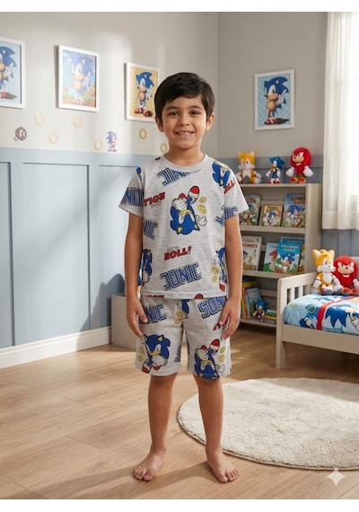 Aliş Kids Erkek Çocuk Pamuklu Gri Sonic Desenli Kısa Kollu Şortlu Yazlık Pijama Takımı