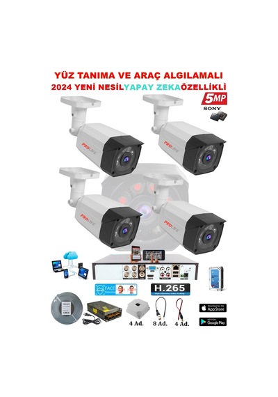 4 Kameralı 5 Mp Yüz ve Araç Algılamalı  Güvenlik Kamerası Sistemi