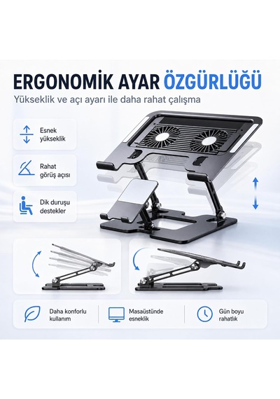 Karbon Çelik 3 İn 1 Notebook, Tablet Ve Telefon Standı, 12.9-17 İnç Laptop Ve Tablet İçin 2 Fanlı Soğutuculu Ergonomik Yükseltici, 4.7-12.9 İnç Telefon Tutucu, L07