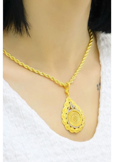 Çeyrekli Damla Taşlı Burgu Kolye Sarı Altın