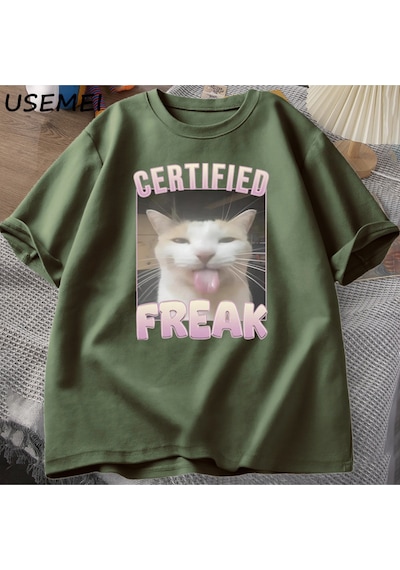 Flood Of Style Sertifikalı Freak Komik Kedi Meme T-shirt Adam Kısa Kollu Tişört Erkek Tshirt Erkek Giysileri Yeşil