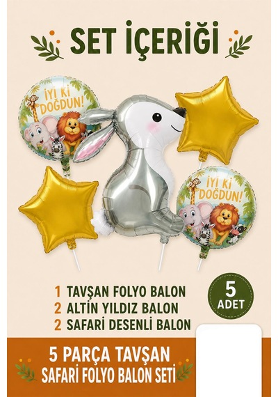 5 Li Tavşan Temalı Happy Birthday Folyo Balon Seti Safari Ve Orman Konseptli Parti Süsü Çok Renkli