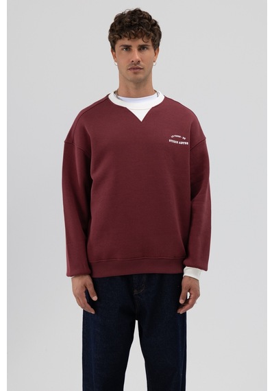 Vamos Oversize Bisiklet Yaka Baskılı Sweatshirt V70-91 Bordo