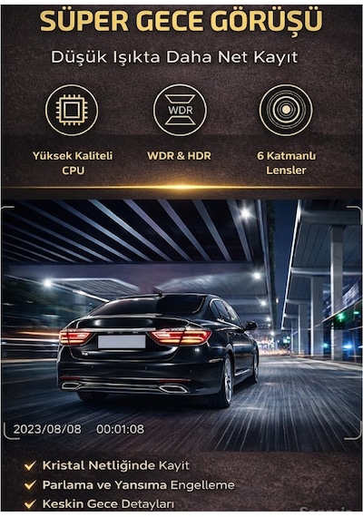 Snr-38 Wi-fi 3 Kameralı Araç İçi Güvenlik Kamerası Ir Gece Görüşü G-sensör Ön-arka-iç Kayıt Dashcam