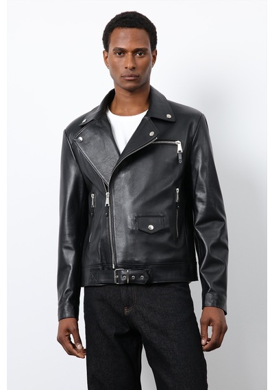 Antioch 100% Deri Biker Ceket Siyah