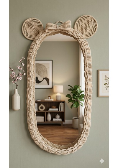 Rattan Fiyonklu Mickey Mouse Ayna Ekru