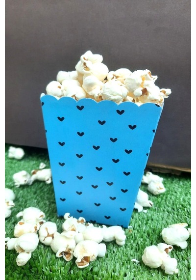 8'li Mavi Kalpli Mısır Kutusu - Popcorn Kutusu - Doğum Günü İkram Hediye - Orta Boy Standart