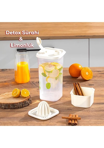 1110 Sızdırmaz Kapaklı Detoks Sürahi - Matara & Limonluk, Şerbetlik, Suluk Şeffaf Beyaz 2 L Çok Renkli