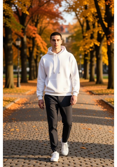 Benerly Erkek Kapüşonlu Düşük Kol Uzun Kollu Oversize Kalıp Sweatshirt Fo beyaz