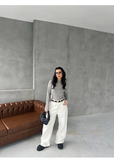 Defymoda Bisiklet Yaka Uzun Kollu Crop - Gri Gri