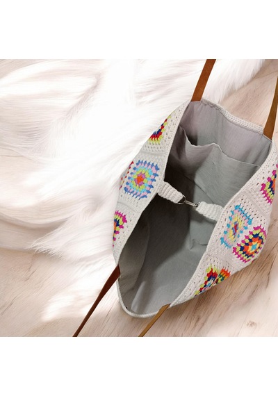 Embahandmde Renkli El Örgüsü Xl Plaj Çantası Astarlı Büyük Boho Tote Bag Yazlık Kadın Omuz Çantası Açık Bej