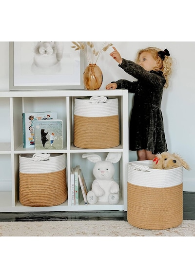 Mavaux Chang Örgü Saplı 3'lü Saplı Sepet, Düzenleyici 3'lü Sepet, Hasır Dokuma Sepet 30cm X 30cm Jütbeyaz