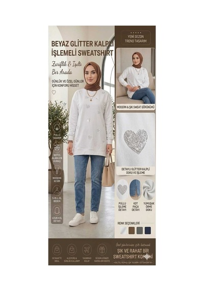 Peka Payet Pul İşlemeli Kalp Desenli Kadın Tesettür Tunik- Sweatshirt Beyaz Beyaz