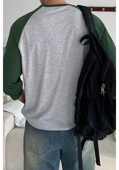 Tarz Cool Erkek Reglan Kol Uzun Kollu Basic Tişört Süprem %100 Cotton Bisiklet Yaka Rahat Kalıp Haki