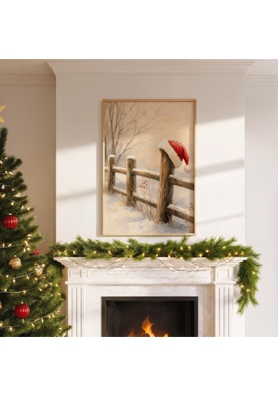 Karlı Çit Direğinde Noel Baba Şapkası, Vintage Çiftlik Evi Tarzı Noel Duvar Sanatı Baskısı Dijital İndirme 1365