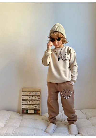 Jolly Kids Erkek Çocuk Smile Yüz Baskılı Sweatshirt Takım Kahverengi