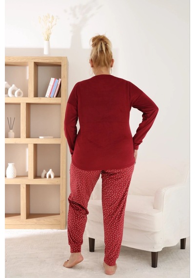 Pijamoni Kadın Büyük Beden Yumuşak Kadife Vişne Pijama Takımı Vişne