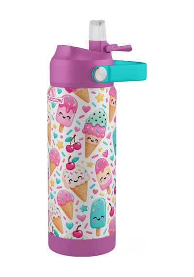 Puccon 540 Ml Renkli Dondurma Desenli Pembe Kız Çocuk Pipetli Çelik Termos Matara/suluk - 60049