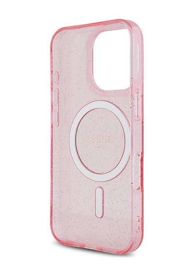 Apple Uyumlu iPhone 16 Pro Max Kılıf Guess Lisanslı Magsafe Özellikli Simli Silikon İnci Bileklikli Pembe