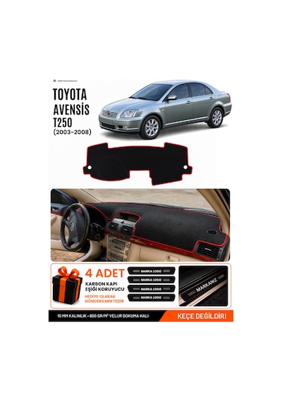 Toyota Avensis Ekranlı T250 2003-2008 Uyumlu Torpido Örtüsü - Siyah-kırmızı - To003
