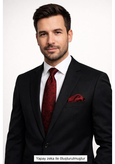 Gaffy Siyah Şal Desenli Kırmızı Dokuma Kumaş Mendilli Slim Fit Kravat // Sdk-2607-4 Kırmızı