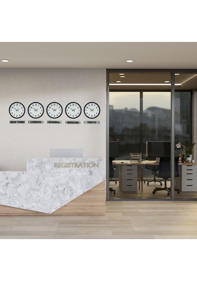 Executive Black 36 Cm 5 Li Tabelalı Dünya Saatleri Otel Ve Resepsiyon Saati Siyah