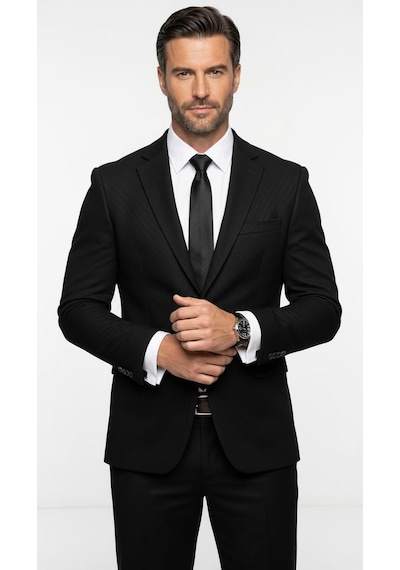 Plus Scorpion Slim Fit Pike Dokuma Erkek Blazer Ceket Modern Şık Günlük Kombin Siyah