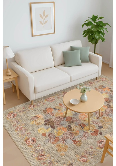 Florart Bej / Sarı Vintage Dokulu Çiçek Desenli Dokuma Tabanlı Şönil Halı Al 471 Bej - Sarı