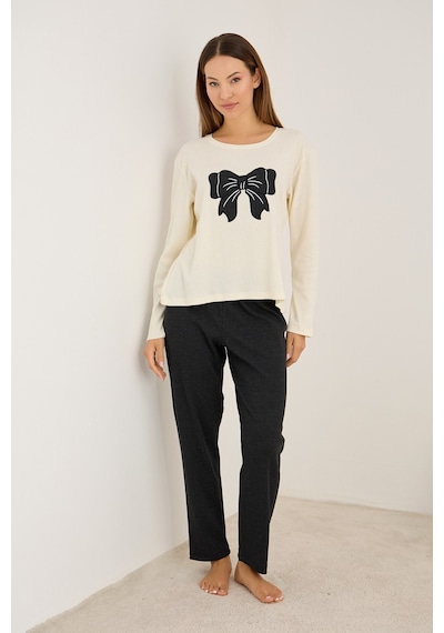 Siyah İnci Pamuklu Fitilli Kaşkorse Örme Pijama Takım25226012 Antrasit
