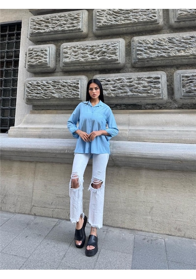 WeShaya Bebe Mavi %100 Pamuk Kırışık Oversize Gömlek Bebe Mavi