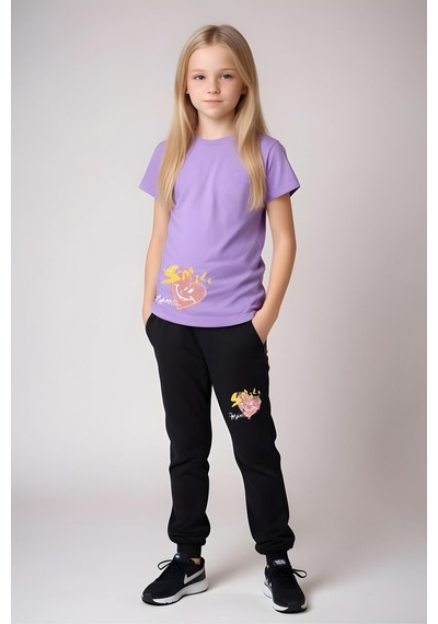 Panios Kids Smile Baskılı Kız Çocuk Tişört Ve Eşofman Alt-üst Takım Lila