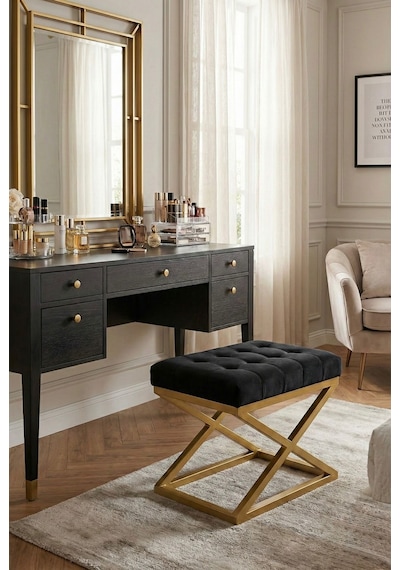 Nexus Babyface Kapitoneli Puf - Gold Metal X Ayaklı Modern Bench 50x40 Cm Siyah