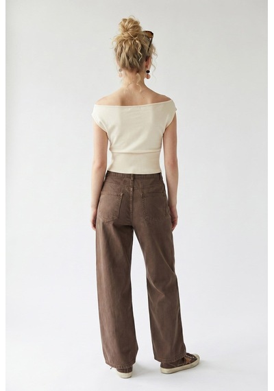 Mixray 2128 Kadın İnce Mevsimlik Yüksek Bel Wide Leg Denim Pantolon Kahve