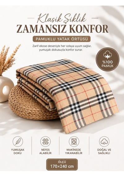 %100 Pamuk Tek Kişilik Yatak Örtüsü 170x240 Cm Klasik Ekose Desenli Şık Ve Yumuşak Bej