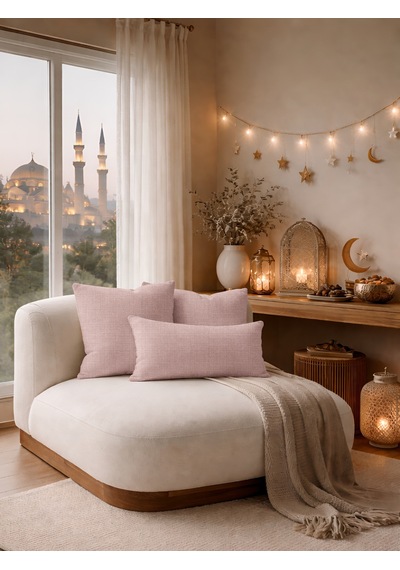 Br Perle Açık Pembe Keten Dokulu Dekoratif Kırlent Kılıfı Modern Salon Koltuk Yastığı
