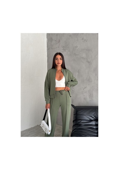 Gugus Kadın Fermuarlı Kolej Yaka Aysho Model Bol Paça Wide Leg Eşofman Takımı Haki