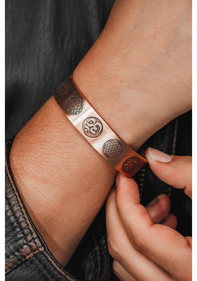 Erkek Bakır Bileklik - Yaşam Çiçeği - Lotus - Sri Yantra - Om Sembolü - Erkek Bakır Kelepçe Bileklik Rose Gold